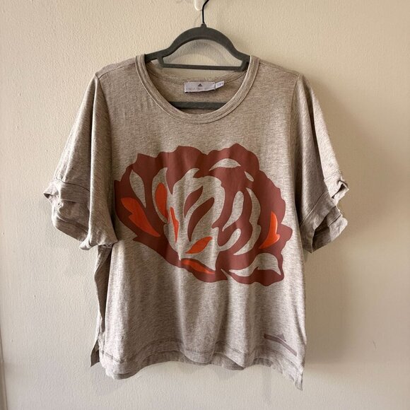 Adidas Stella Mccartney S Beige Graphic Tee Shirt Red Floral Design Short Sleeve - Picture 2 of 8